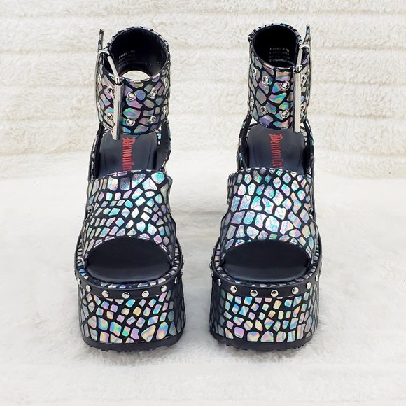 Camel 102 Black Stone Print Hologram Platform Sandals Goth Punk - Picture 9 of 10